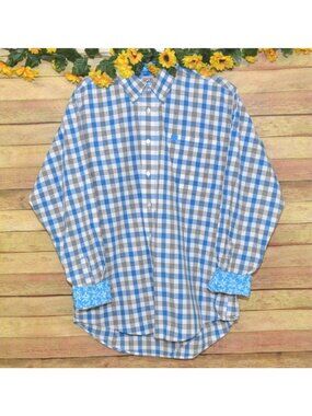 Cinch Men's L Blue Plaid Button Front Western Shirt Contrast Cuffs Cotton Cowboy